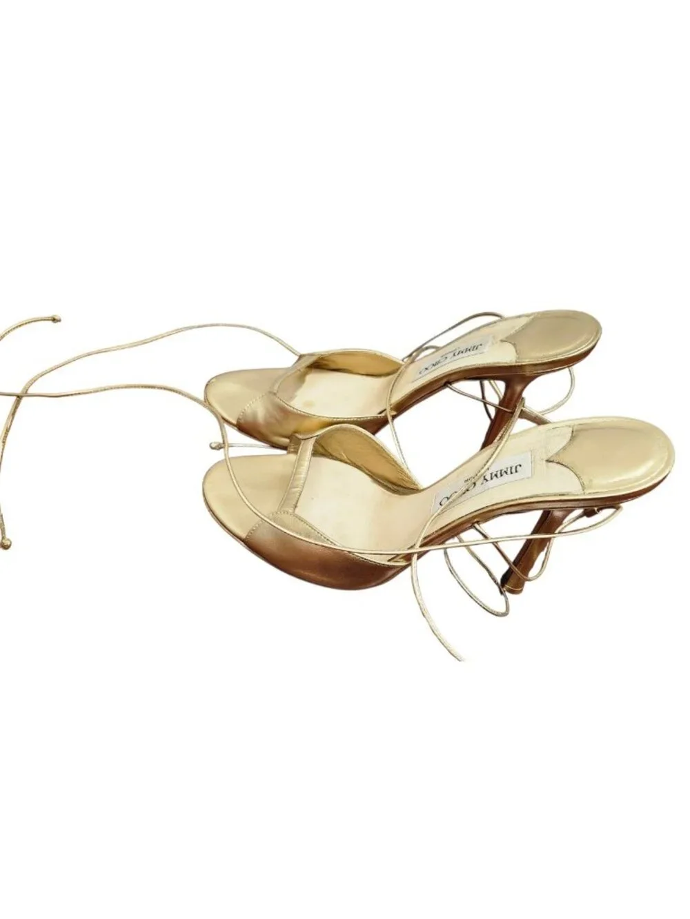 Jimmy Choo Gold Metallic Leather Lace Up Ankle Wrap Heels EU 39 US 8.5 Italy
